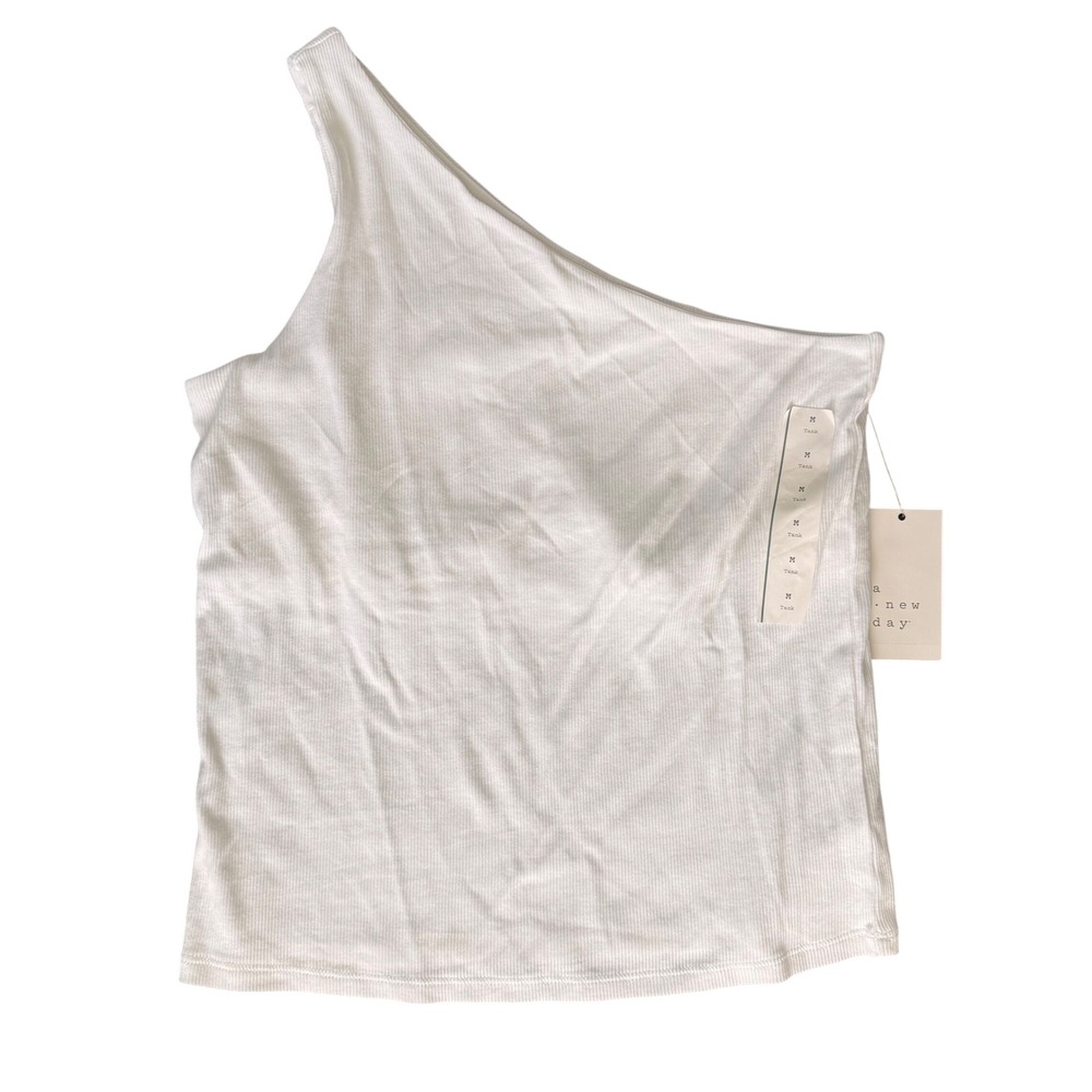 A New Day One Shoulder‎ Ribbed Tank Top White Medium NWT Classic Minimalist